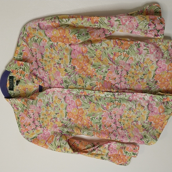 Lauren Ralph Lauren pink yellow orange green watercolor floral button down shirt - Picture 2 of 4